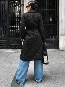 EURMUSE Women's Belted Quilted Jacket - Black - View 9