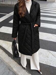 EURMUSE Women's Belted Quilted Jacket - Black - View 5