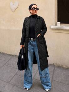 EURMUSE Women's Belted Quilted Jacket - Black - View 2