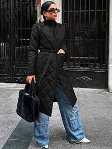 EURMUSE Women's Belted Quilted Jacket - Black - View 8