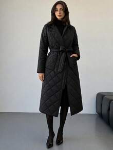 EURMUSE Women's Belted Quilted Jacket - Black - View 3