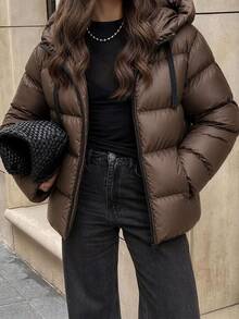 EURMUSE Zip Up Hooded Padded Coat - Camel - View 3