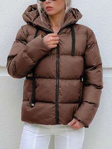 EURMUSE Zip Up Hooded Padded Coat - Camel - View 7