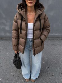 EURMUSE Zip Up Hooded Padded Coat - Camel - View 4
