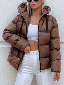 EURMUSE Zip Up Hooded Padded Coat - Camel - View 6