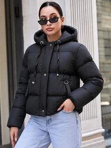 EURMUSE Zip Up Drawstring Hooded Padded Coat - Black - View 4