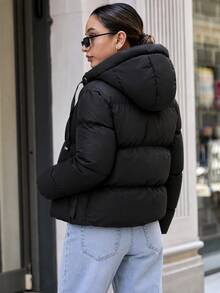 EURMUSE Zip Up Drawstring Hooded Padded Coat - Black - View 5