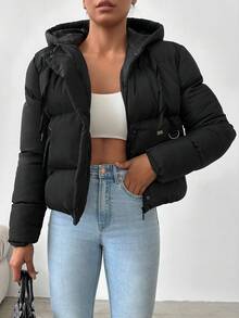 EURMUSE Zip Up Drawstring Hooded Padded Coat - Black - View 6