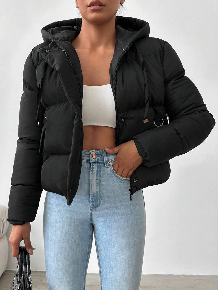 EURMUSE Zip Up Drawstring Hooded Padded Coat - Black - View 5