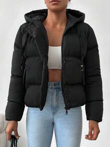 EURMUSE Zip Up Drawstring Hooded Padded Coat - Black - View 9
