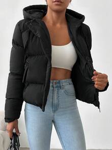 EURMUSE Zip Up Drawstring Hooded Padded Coat - Black - View 7