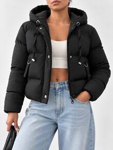 EURMUSE Zip Up Drawstring Hooded Padded Coat - Black - View 2