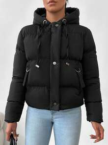 EURMUSE Zip Up Drawstring Hooded Padded Coat - Black - View 8