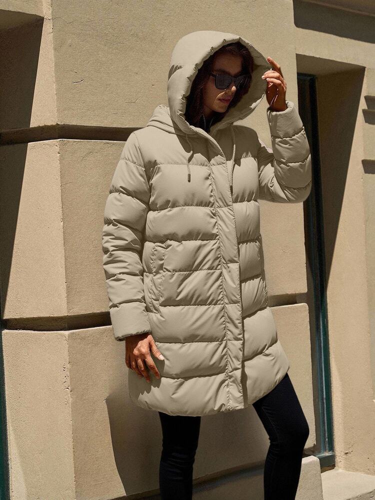 EURMUSE Beige Hooded Pocket Zip-Up Mid-Length Padded Coat Travel Everyday Winter Minimalist Casual - Beige - View 5