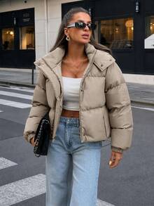 SHEIN Cottnline معطف شتوي قصير كاجوال بقلنسوة للنساء - بني مخاوي - مشاهدة 4