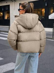 SHEIN Cottnline معطف شتوي قصير كاجوال بقلنسوة للنساء - بني مخاوي - مشاهدة 7