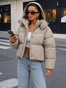 SHEIN Cottnline معطف شتوي قصير كاجوال بقلنسوة للنساء - بني مخاوي - مشاهدة 5