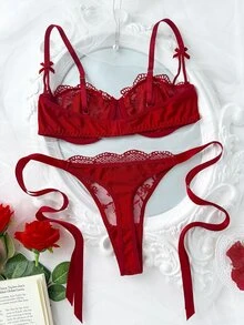 SHEIN 女士纯色蕾丝拼布打结透明性感文胸和内裤内衣套装，2 件 - 酒紅色 - 查看 4