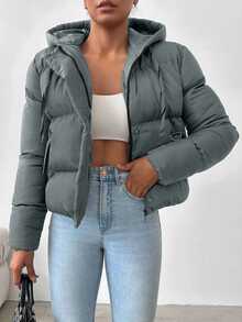 EURMUSE Women's Solid Color Front Zip Long Sleeve Simple Hooded Casual Padded Coat - Blue - View 4