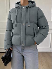 EURMUSE Women's Solid Color Front Zip Long Sleeve Simple Hooded Casual Padded Coat - Blue - View 3