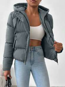 EURMUSE Women's Solid Color Front Zip Long Sleeve Simple Hooded Casual Padded Coat - Blue - View 6