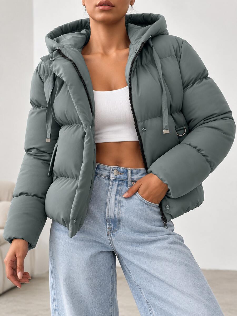 EURMUSE Women's Solid Color Front Zip Long Sleeve Simple Hooded Casual Padded Coat - Blue - View 1