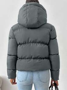 EURMUSE Women's Solid Color Front Zip Long Sleeve Simple Hooded Casual Padded Coat - Blue - View 5