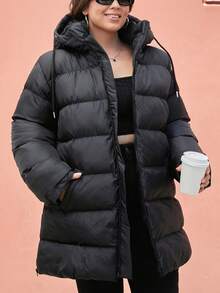 SHEIN Cottnline Plus Size Zip Up Drawstring Hooded Padded Coat, For Winter - Black - View 8