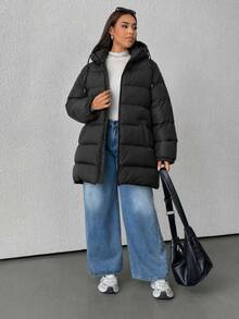 SHEIN Cottnline Plus Size Zip Up Drawstring Hooded Padded Coat, For Winter - Black - View 4
