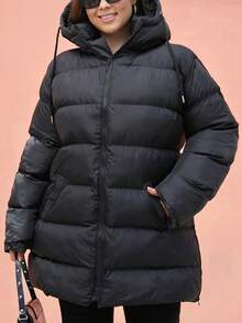 SHEIN Cottnline Plus Size Zip Up Drawstring Hooded Padded Coat, For Winter - Black - View 5