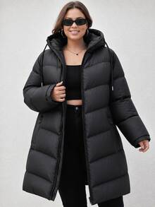 SHEIN Cottnline Plus Size Zip Up Drawstring Hooded Padded Coat, For Winter - Black - View 2