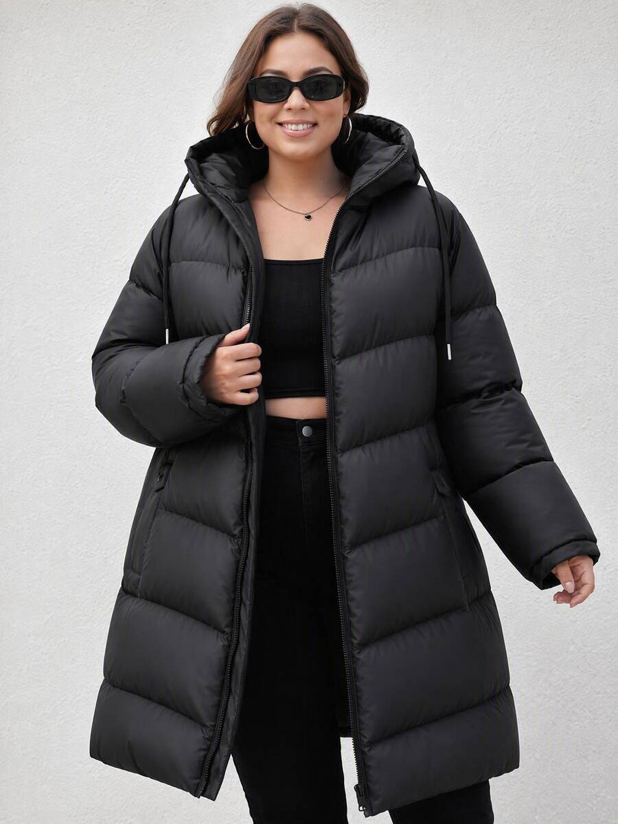 SHEIN Cottnline Plus Size Zip Up Drawstring Hooded Padded Coat, For Winter