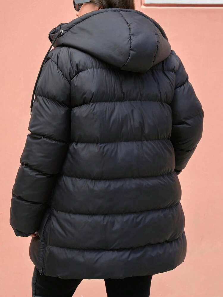 SHEIN Cottnline Plus Size Zip Up Drawstring Hooded Padded Coat, For Winter - Black - View 5