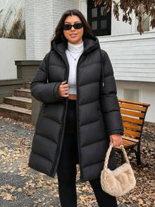 SHEIN Cottnline Plus Size Zip Up Drawstring Hooded Padded Coat, For Winter - Black - View 3