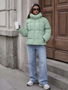 EURMUSE Zippered Hooded Padded Coat With Drawstring Details - Green - View 4
