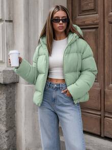 EURMUSE Zippered Hooded Padded Coat With Drawstring Details - Green - View 6