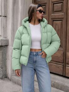 EURMUSE Zippered Hooded Padded Coat With Drawstring Details - Green - View 7