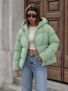 EURMUSE Zippered Hooded Padded Coat With Drawstring Details - Green - View 3