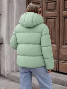 EURMUSE Zippered Hooded Padded Coat With Drawstring Details - Green - View 5
