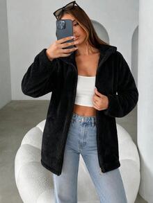 EURMUSE Solid Zip Up Teddy Jacket - Black - View 3