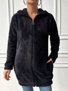 EURMUSE Solid Zip Up Teddy Jacket - Black - View 5