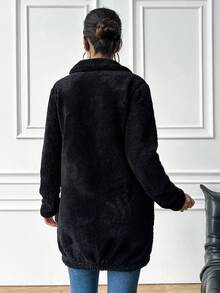 EURMUSE Solid Zip Up Teddy Jacket - Black - View 4