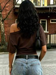 Rovax Casual Versatile Solid Color Asymmetric Collar Short T-Shirt - Brown - View 2