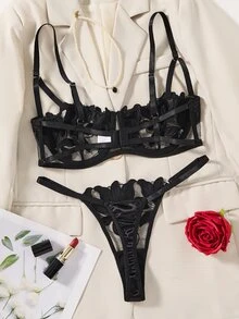SHEIN Maple Leaf Burnout Half Cup Balconette Bra Lingerie Set, Sexy Sheer 2-Piece Set - Black - View 4
