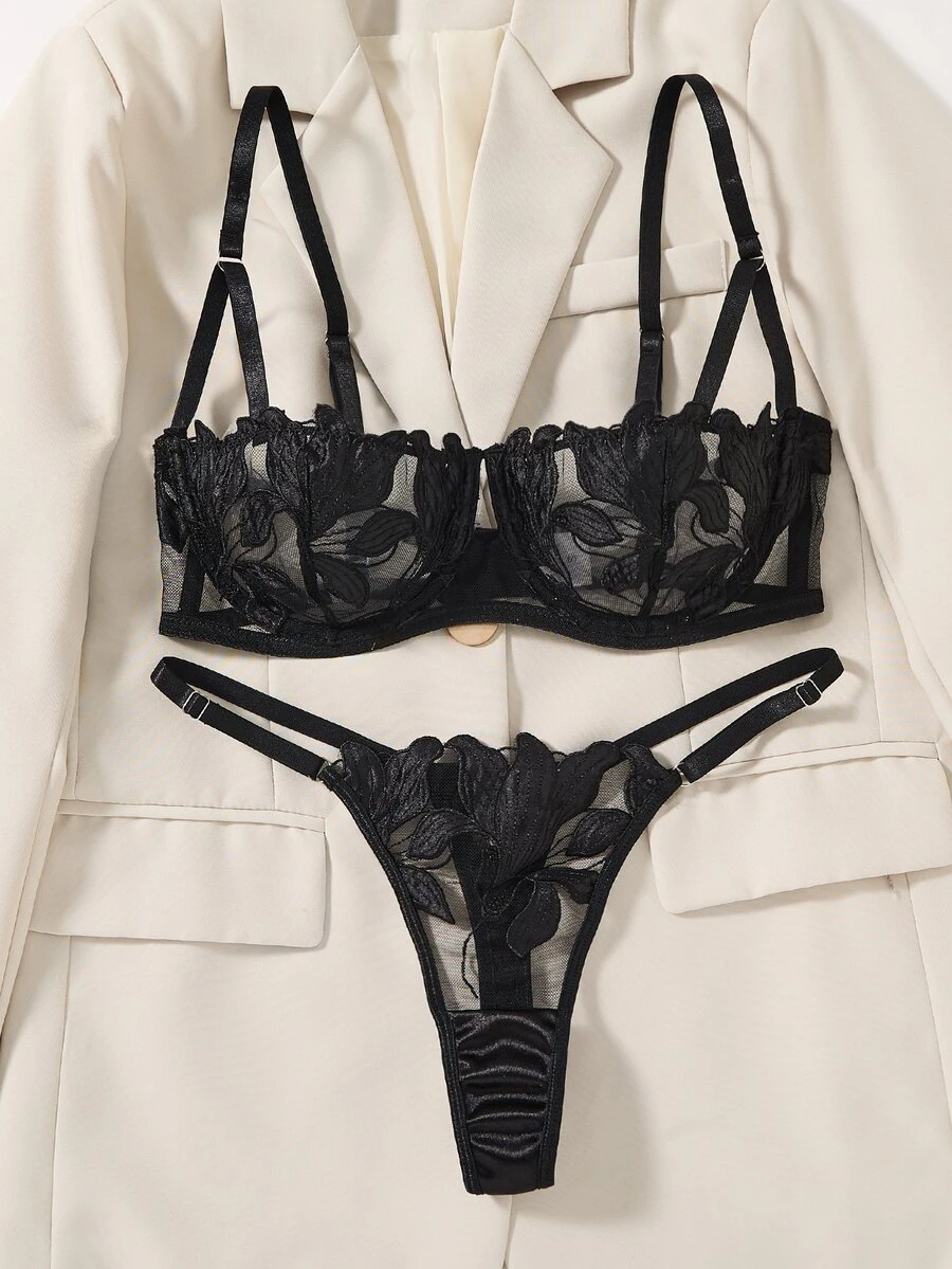 SHEIN Maple Leaf Burnout Half Cup Balconette Bra Lingerie Set, Sexy Sheer 2-Piece Set - Black - View 1