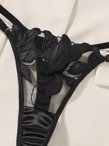 SHEIN Maple Leaf Burnout Half Cup Balconette Bra Lingerie Set, Sexy Sheer 2-Piece Set - Black - View 6