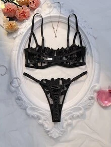 SHEIN Maple Leaf Burnout Half Cup Balconette Bra Lingerie Set, Sexy Sheer 2-Piece Set - Black - View 2