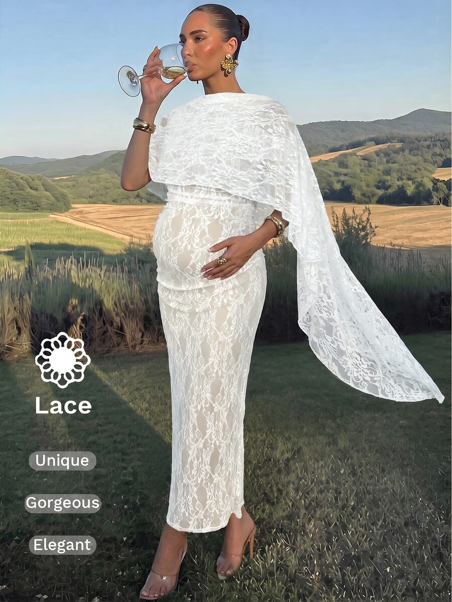 MaterniChic 優雅甜美蕾絲孕婦洋裝,適合度假與旅行 - 白色 - 查看 1