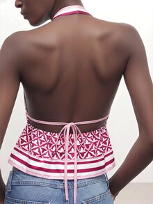 CAJUNI Women's Striped Geometric Print Deep V-Neck Sexy Halter Top - Pink - View 2