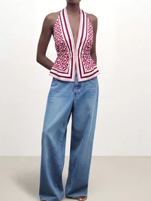 CAJUNI Women's Striped Geometric Print Deep V-Neck Sexy Halter Top - Pink - View 4